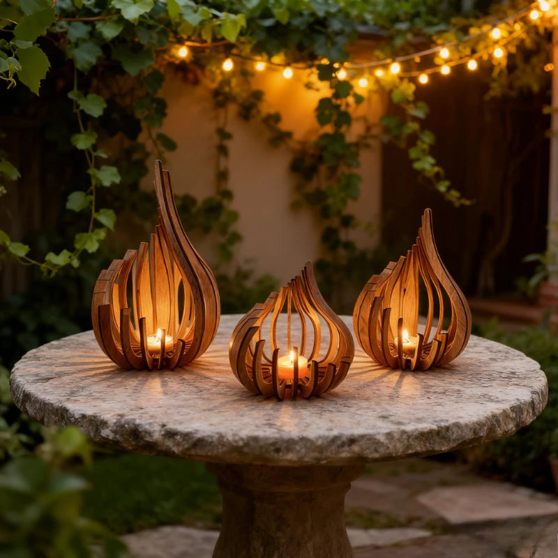 Wooden Candle Holder Flame-Shaped Layered Design