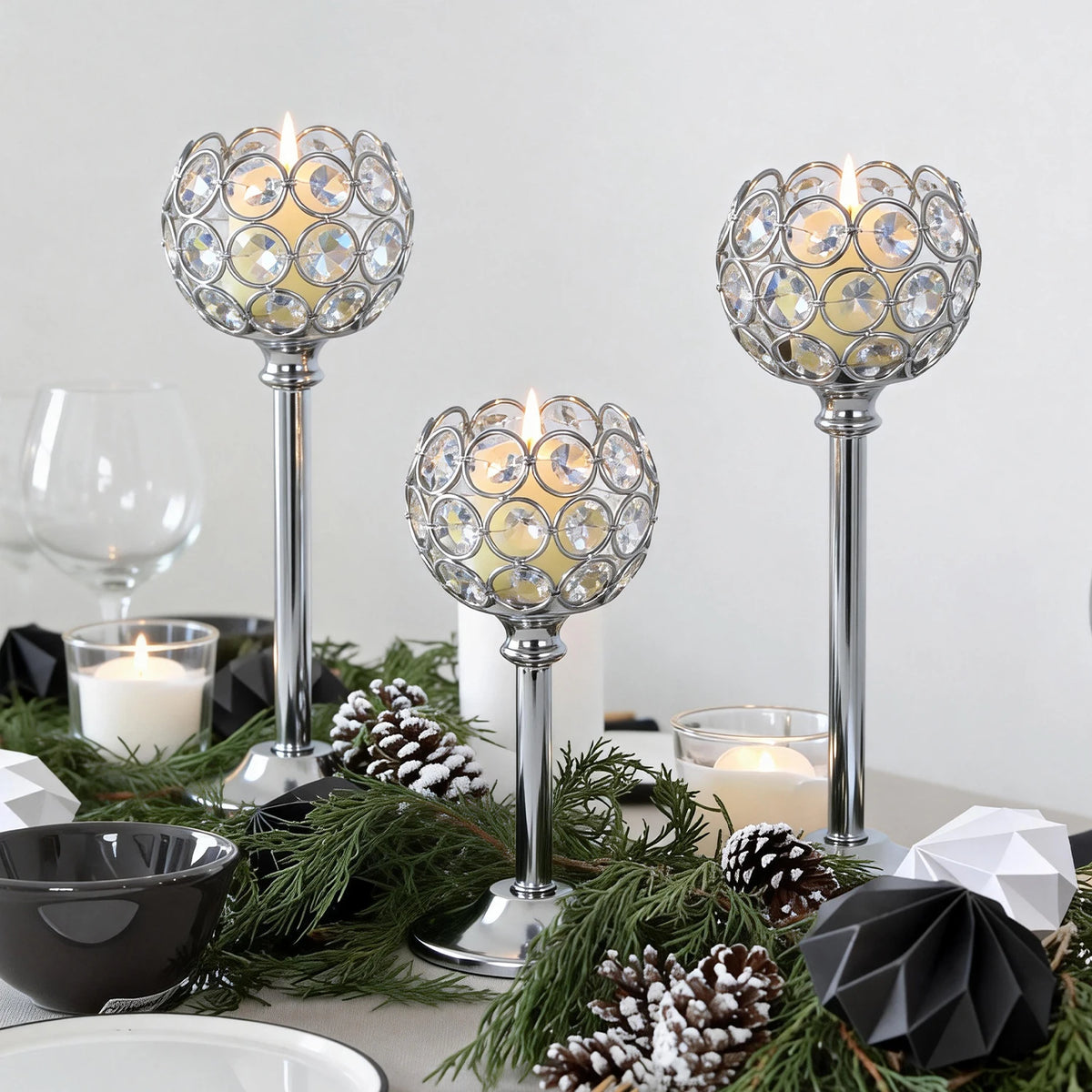Metal Glass Tealight Candle Holder 3-Cup Table Centerpiece