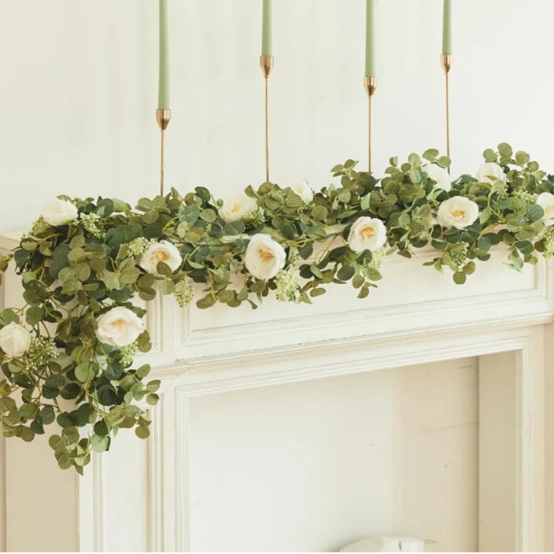 Artificial Eucalyptus Garland with White Flowers 180 cm