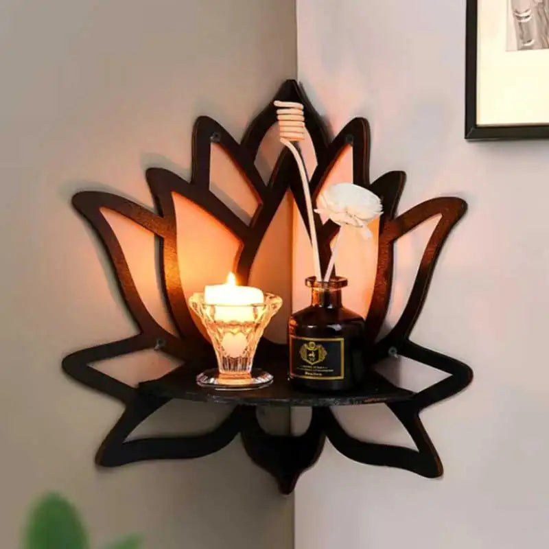 Wooden Lotus Corner Shelf Wall Mounted Decorative Rack