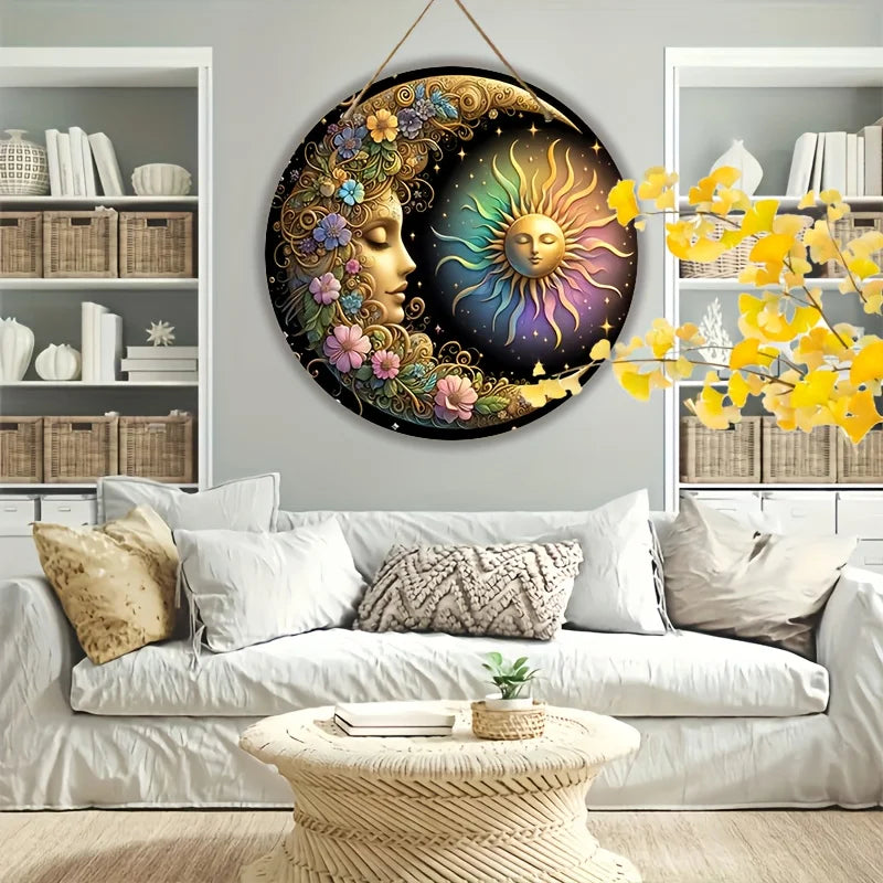 Mandala Sun and Moon Wooden Round Floral Pattern Wall Plate