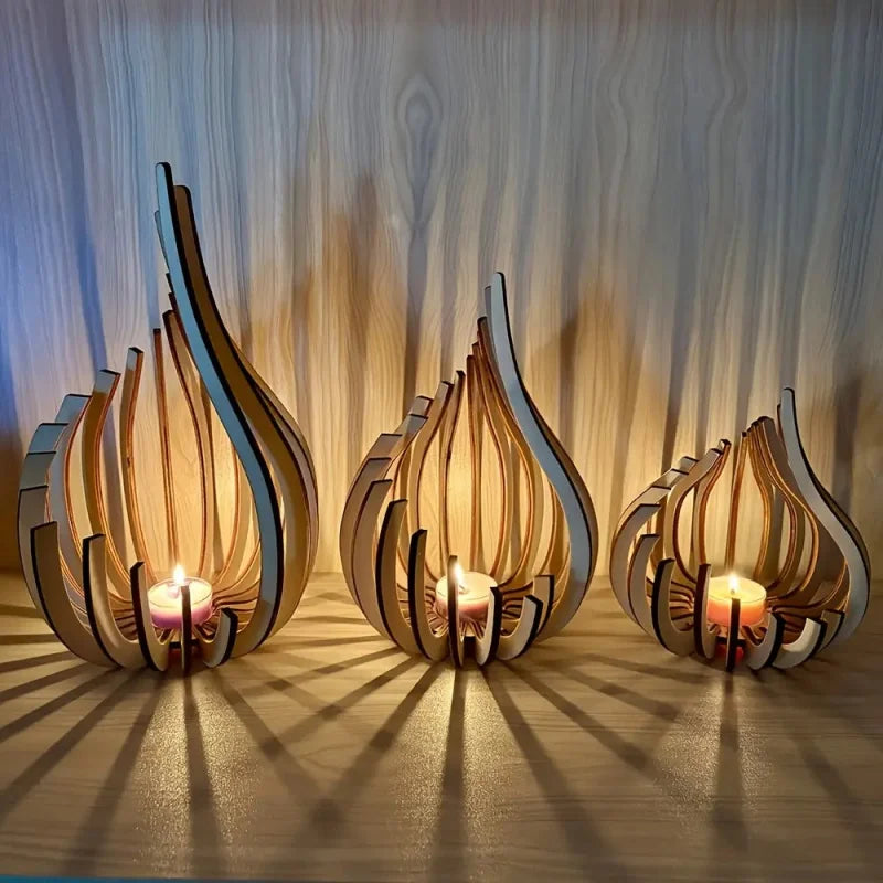 Wooden Candle Holder Flame-Shaped Layered Design