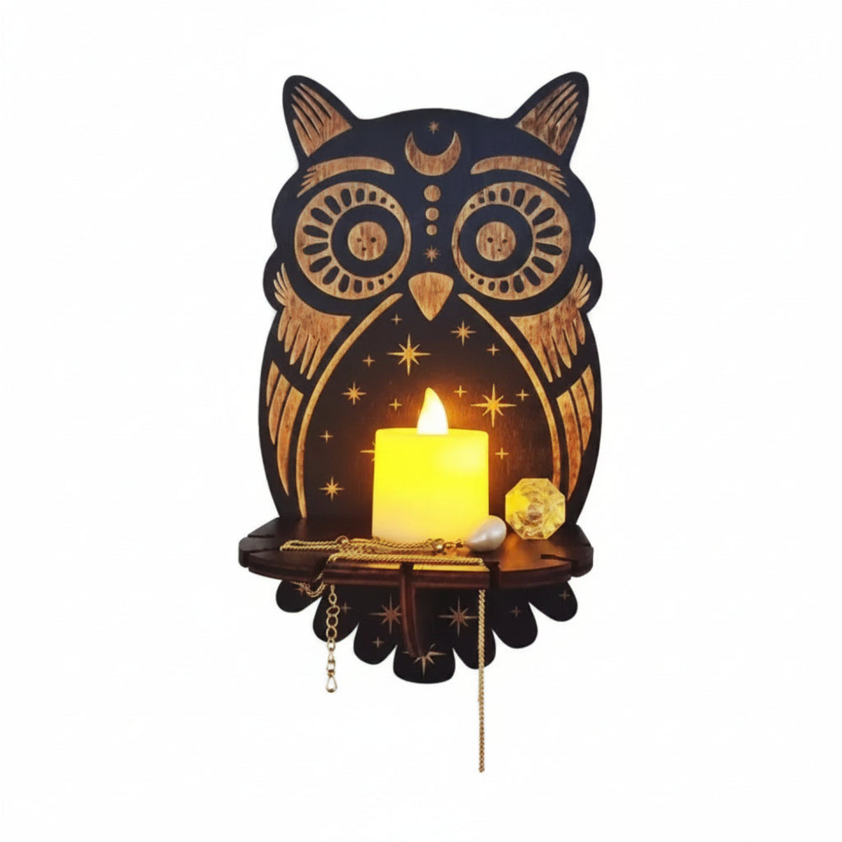 wooden wall shelf candle holder owl