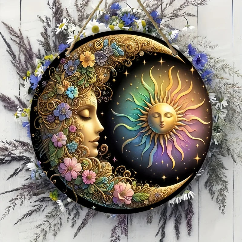 Mandala Sun and Moon Wooden Round Floral Pattern Wall Plate
